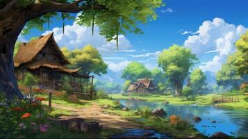 A quaint wooden cabin with thatched roof sits on a path leading to a river surrounded by lush greenery and a wooden bridge. photo