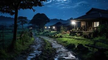 A quiet night in the countryside with a beautiful starry sky and small houses, lit by the soft glow of lanterns. The path winds through the lush grass and trees. photo