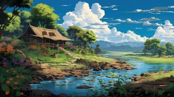 A quaint wooden hut sits on a lush hillside overlooking a tranquil river with blue water and green banks, nestled in a valley under a bright blue sky and fluffy white clouds. photo