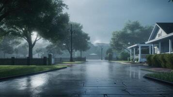 A quiet suburban street after a light rain with a house on the right with a porch and a garage on the left, wet pavement with reflections of the street lights. photo