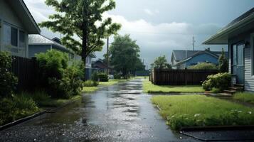 A quiet street in a residential neighborhood with houses on both sides, wet from the recent rain. The road is wet and the grass is green. photo