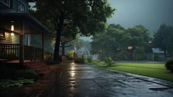 A quiet suburban street on a rainy evening. The rain falls heavily on the wet pavement and lush green lawn, while houses are illuminated with warm light. photo