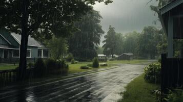 A quiet suburban street with houses on either side, drenched in heavy rain. photo