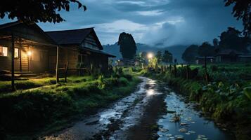 A quiet, muddy path meanders through lush greenery towards a small village nestled in a misty valley as the sun sets. photo