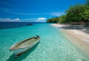 A serene beach with crystal clear water and a small boat anchored nearby photo