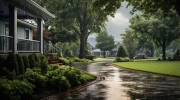 A rain-soaked driveway leads to a house in the suburbs, with trees and lush greenery on either side. photo