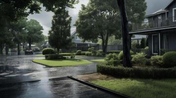 A rainy day in a suburban neighborhood with cars parked on the street and a house with a balcony in the background. photo