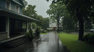 A rainy day in the suburbs with a house, porch, and trees with a wet driveway. photo
