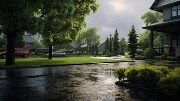 A rainy day in a suburban neighborhood, with cars parked on the street and a house with a porch in the background. The rain is falling heavily, and the street is wet and reflecting the light. photo