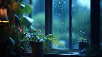 A rainy day outside the window with two potted plants. photo