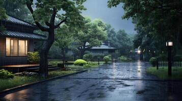 A rainy evening in a residential neighborhood with a house lit by a warm glow. photo