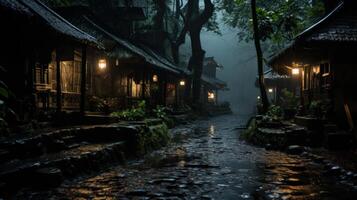 A rainy night in a small village with lit lanterns. photo