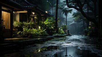 A rainy night in a tropical garden, with lush foliage and a wooden building, illuminated by a few lights. The path is flooded with water and reflects the lights, creating a serene and peaceful atmosphere. photo