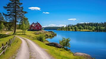 A red house sits on a hill overlooking a tranquil lake with a dirt road leading towards it. photo