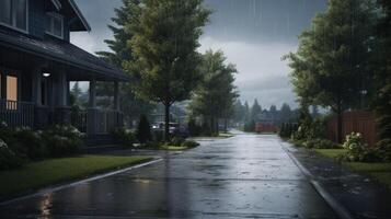 A residential street with houses on either side, a red vehicle parked on the right side, and the street is wet from rain. photo
