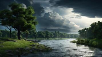 A river flows through a lush forest with a stormy sky above. photo