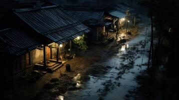 A row of traditional houses with tiled roofs are lit by street lamps and are lined up by a flooded dirt road in the middle of a dark, dense forest at night. photo