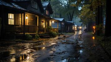 A row of cozy cabins with porch lights glowing in the rain on a wet, dark, forest road. photo