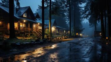A row of lit wooden cabins on a misty road in the woods at night. photo