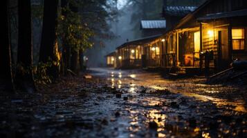 A row of cabins in the woods are illuminated with warm lights after a rain shower, with puddles reflecting the glow. photo