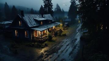 A rustic cabin with a porch lit up at night, surrounded by dense forest and a wet dirt road. photo