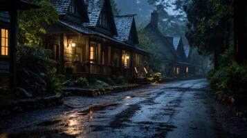A row of wooden houses with lit windows on a wet, dark street at night. photo