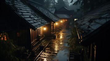 A row of wooden houses with lit windows are seen at night in the rain. The water reflects the light from the windows, and a single tree can be seen in the background. photo