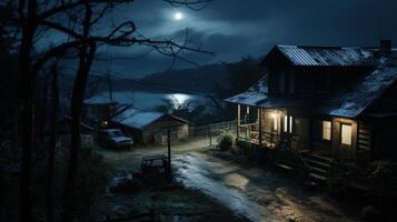 A rustic cabin with a porch light glows under a full moon. photo