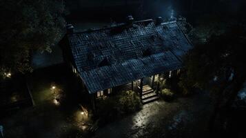 A rustic cabin with a shingled roof is illuminated by streetlights on a dark night. photo