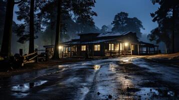 A rustic cabin with lit windows stands on a dirt road in the middle of a forest at night.  The ground is wet from recent rain and the light from the windows is reflected in puddles. photo