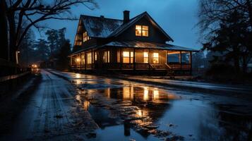A rustic house with lit windows on a foggy evening by a dirt road with puddles reflecting the lights. photo