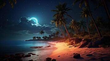 A scenic night beach with palm trees and a crescent moon in the sky. photo