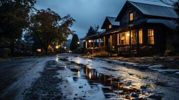 A rustic cabin with warm lights reflecting in a puddle on a muddy road after the rain. photo