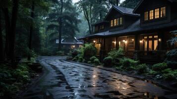 A rustic wooden house with lit windows sits on a winding path through a dense forest after rain. photo