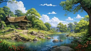 A rustic wooden cabin sits on the bank of a calm, blue river surrounded by lush green trees under a bright blue summer sky. photo