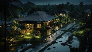 A secluded tropical resort with a pathway lit by lanterns after rain. photo