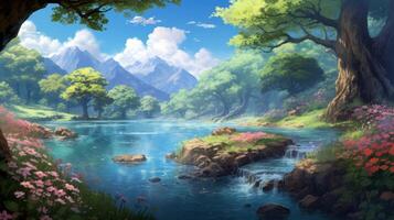 A serene landscape with a river flowing through a lush forest, surrounded by mountains in the distance. The water is crystal clear, and the trees are full of vibrant green leaves. Pink and red flowers bloom on the riverbanks, adding a touch of color to th photo