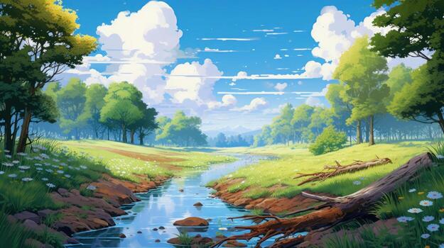 A serene forest scene with a winding stream, green grass, and a fallen log in the foreground. photo