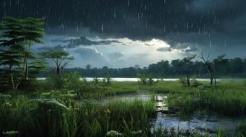 A serene lake scene with lush greenery and rain falling from a cloudy sky. photo