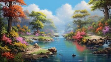 A serene river flows through a lush forest with colorful blooms, waterfalls, and a clear blue sky. photo