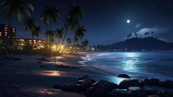 A serene night scene of a tropical beach with palm trees, a resort, and a full moon shining over the calm ocean. photo
