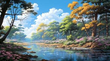 A serene river flows through a lush green forest with vibrant pink flowers lining the banks and a bright blue sky with fluffy white clouds above. photo