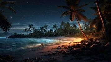 A serene tropical beach at night with a starry sky, palm trees, and a small house. photo