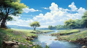 A serene river flows through a lush green valley, surrounded by wildflowers and a bright blue sky with fluffy clouds. photo