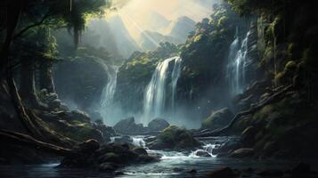 A serene waterfall cascades down a lush, green mountainside, with sunlight filtering through the canopy of trees. photo