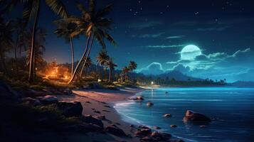 A serene tropical beach at night with palm trees, a full moon, and a starry sky, with a campfire on the beach. photo