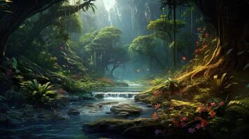 A serene stream flows through a lush, vibrant jungle, sunlight filtering through the canopy and illuminating the verdant landscape. photo