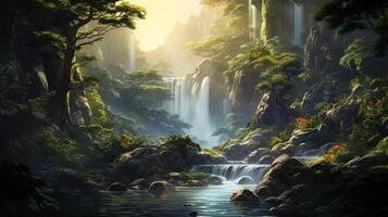A serene waterfall cascades down a rocky cliff face, creating a tranquil pool of water at the base. Sunlight filters through the lush foliage, casting a golden glow over the scene. photo