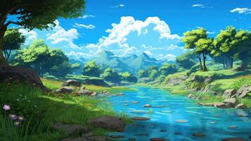 A serene river winding through a lush green valley with mountain peaks in the distance and blue skies with puffy white clouds overhead. photo