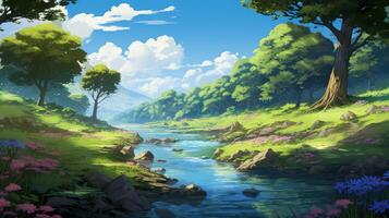 A serene river flows through a lush green forest with a bright blue sky and white clouds above, a beautiful scene of nature. photo